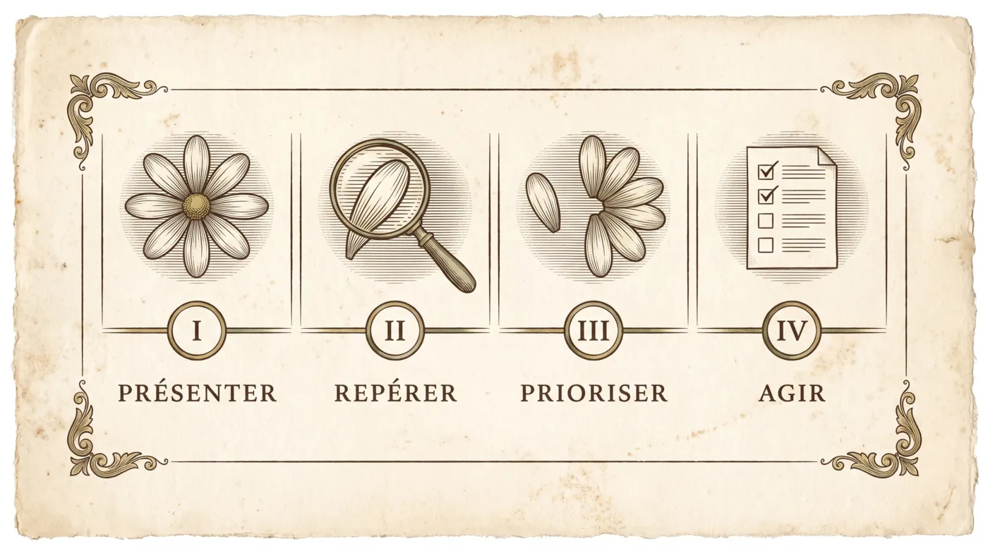 Frise gravée en quatre temps : présenter, repérer, prioriser, agir