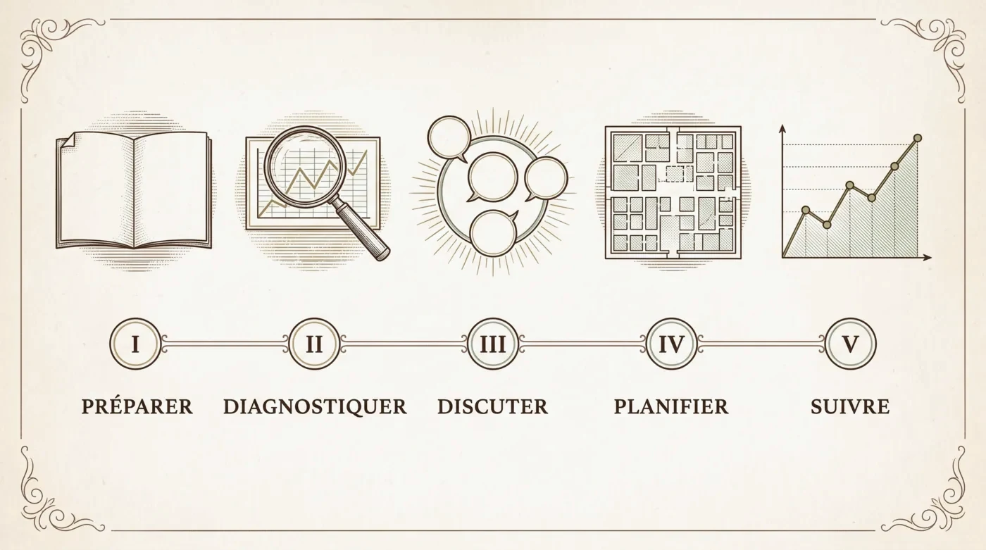 Frise gravée en cinq temps : préparer, diagnostiquer, discuter, planifier, suivre